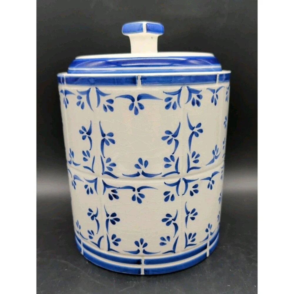 Cardinal Extra Large Ceramic Canister Blue & White Hand Painted Floral 9